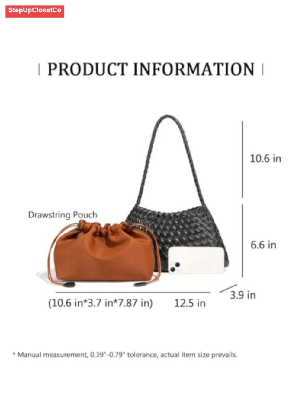 Woven Hobo Bag Women Vegan Leather Shoulder Purse Slouchy Tote Drawstring